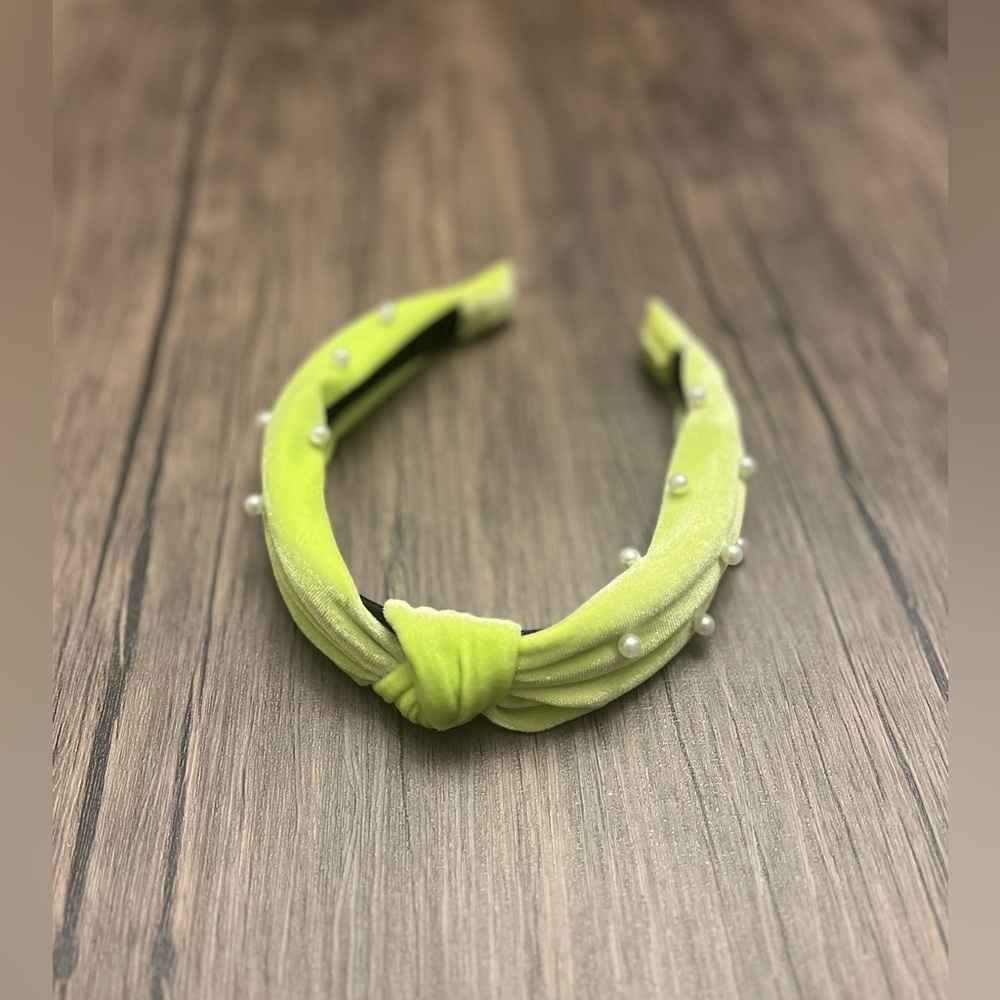 BP Florescent Yellow/Green Knotted Headband with Pearl Accents